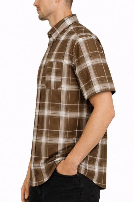 Men's short-sleeve plaid button-down shirt, brown with white checks, side view