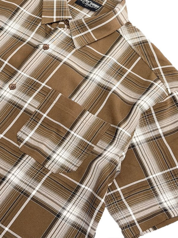 Men's short-sleeve plaid button-down shirt collar, tan-brown with white windowpane checks