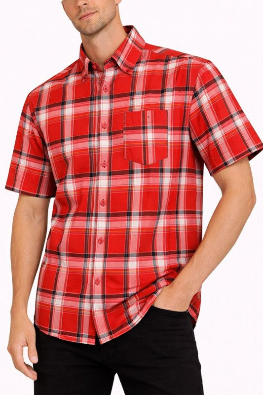 Men's short-sleeve plaid button-down shirt, red with chest pocket and front buttons