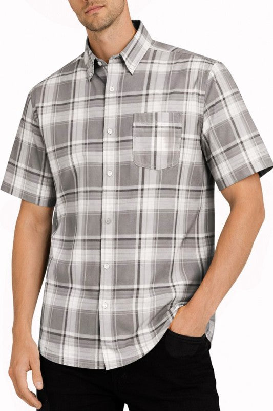 Men's short-sleeve plaid button-down shirt, grey and white checks with chest pocket