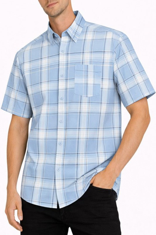Men's short-sleeve plaid button-down shirt, light blue with white checks and chest pocket