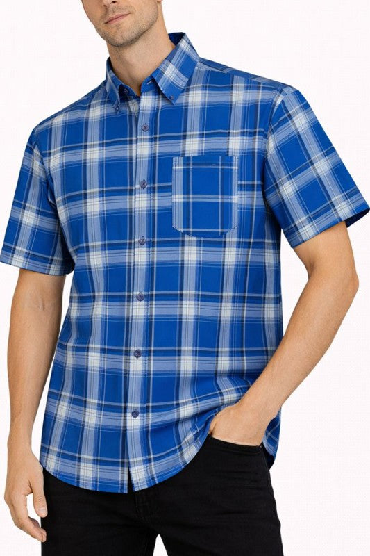 Short-sleeve plaid button-down shirt in royal blue, chest pocket and button placket
