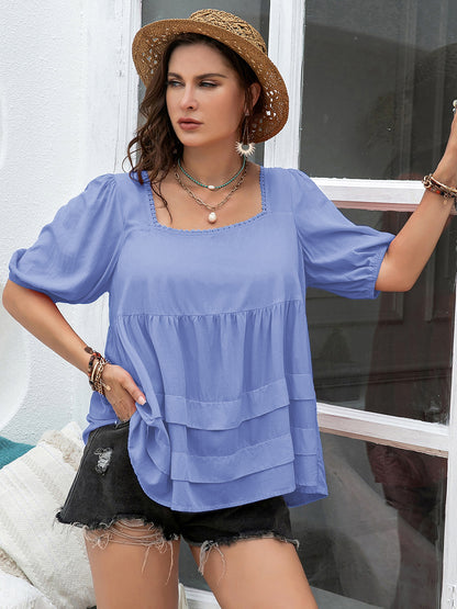 Plus Size Square Neck Half Sleeve Blouse - Tigbul's Variety Fashion Shop