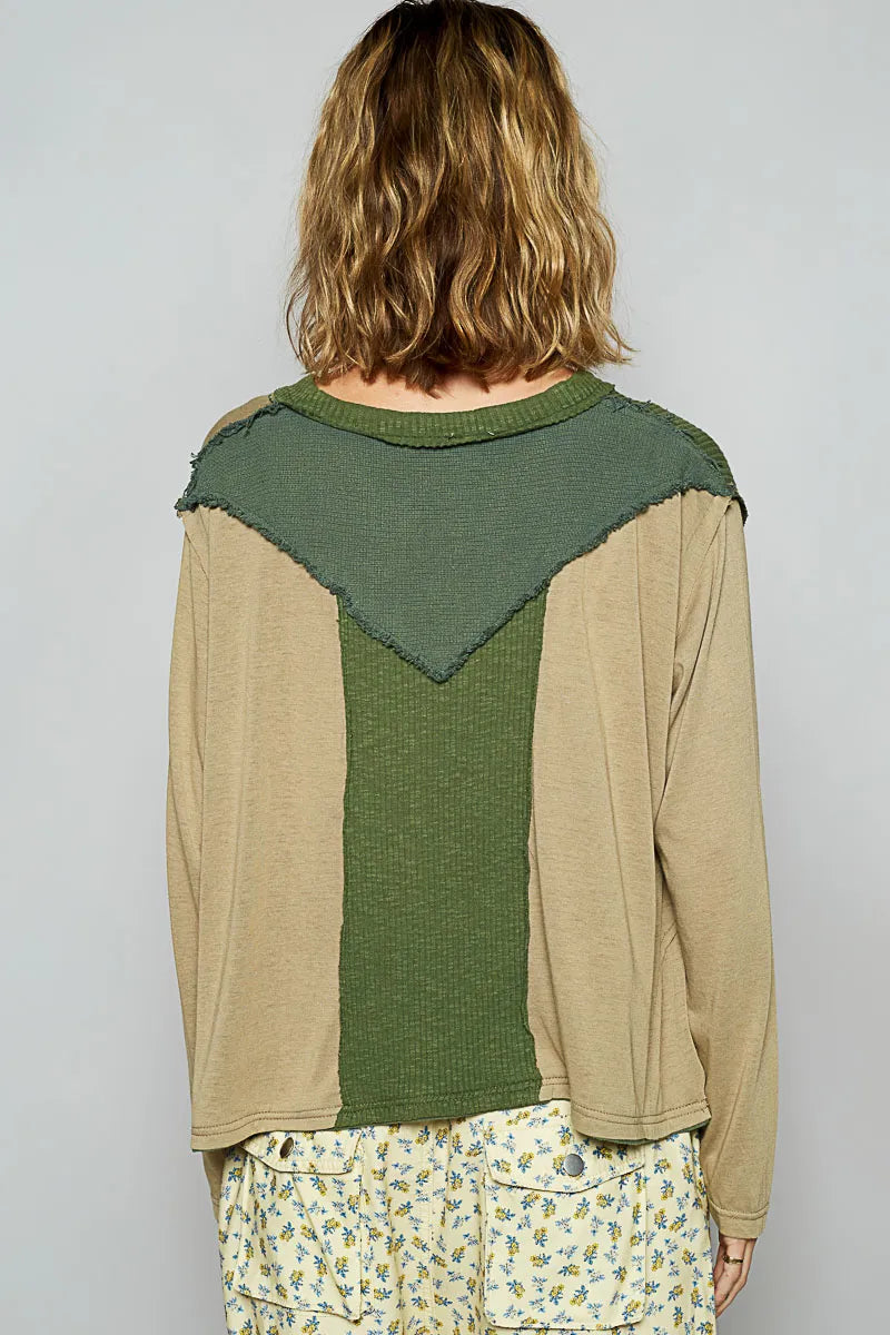 POL Color Block Notched Long Sleeve T-Shirt - Tigbul's Variety Fashion Shop