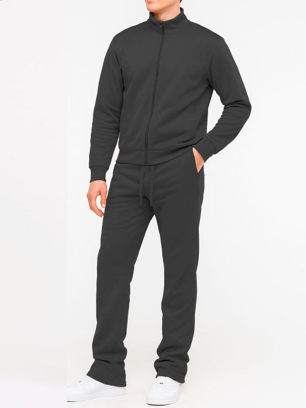 Solid black tracksuit set with full-zip jacket and drawstring flare-stacked pants