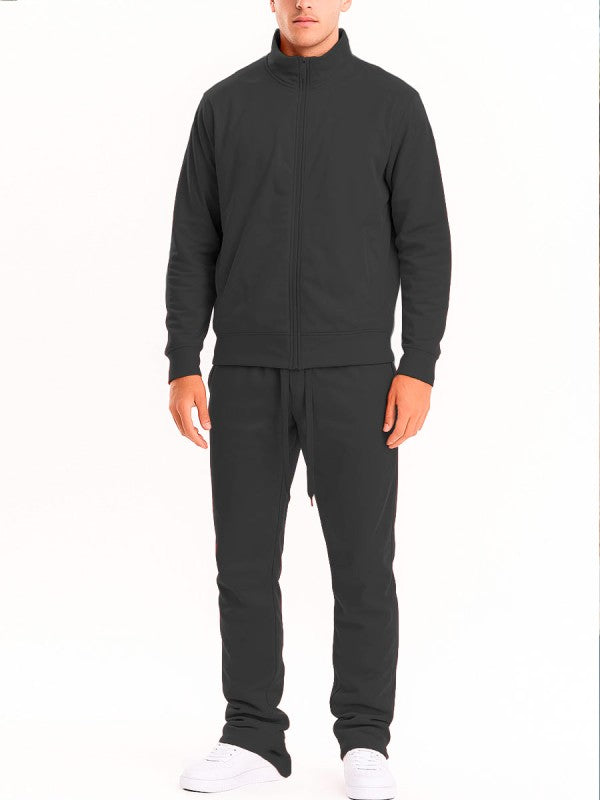 Men's solid black flare-stacked tracksuit set: zip jacket and cuffed pants