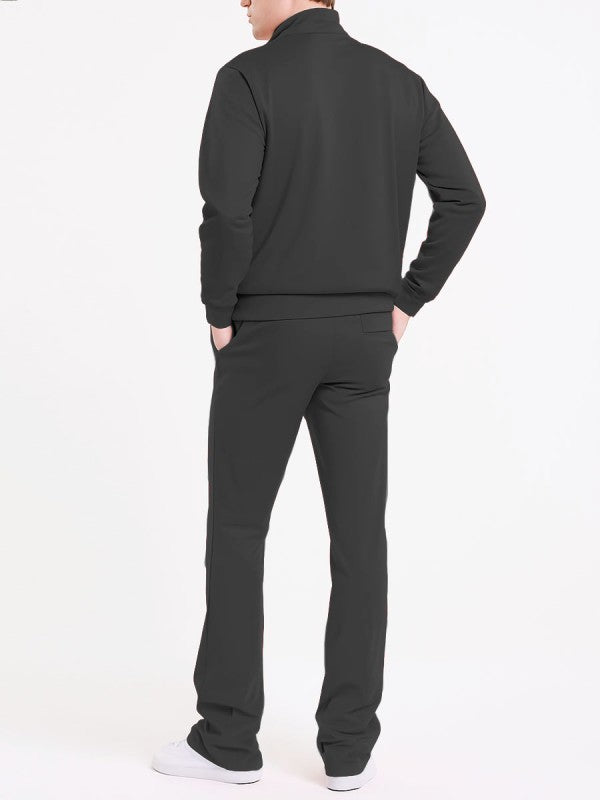 Back view solid black flare-stacked tracksuit set: full-zip jacket and jogger pants