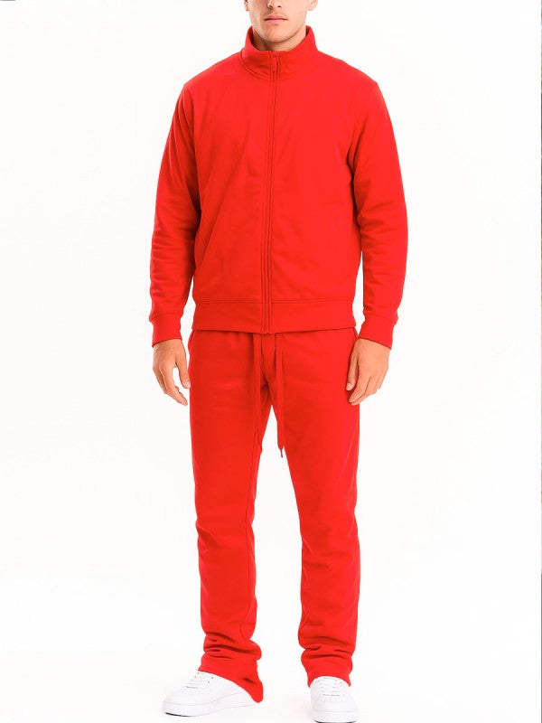 Solid red flare-stacked tracksuit set: full-zip jacket with rib cuffs and jogger pants