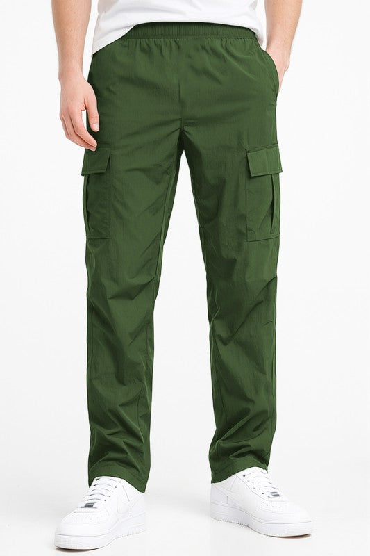 Men's olive nylon classic cargo pants with cargo flap pockets and relaxed fit