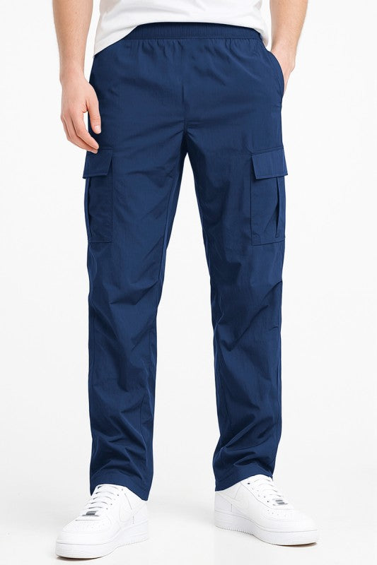 Men's nylon cargo pants, navy, ripstop look, elastic waist, cargo pockets