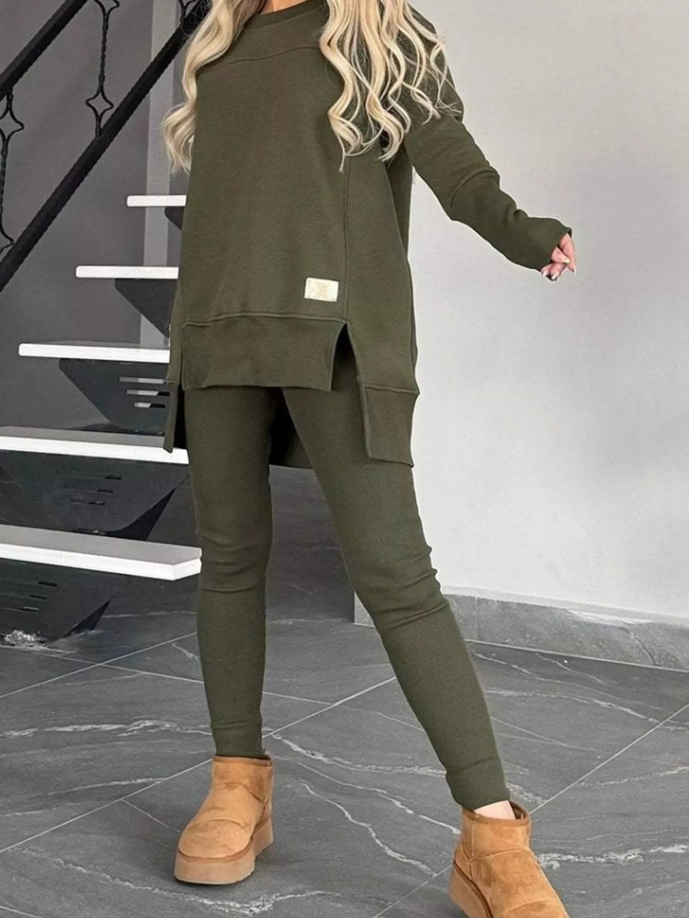 Full Size Slit Round Neck Top and Pants Set Plus Size - Tigbul's Variety Fashion Shop