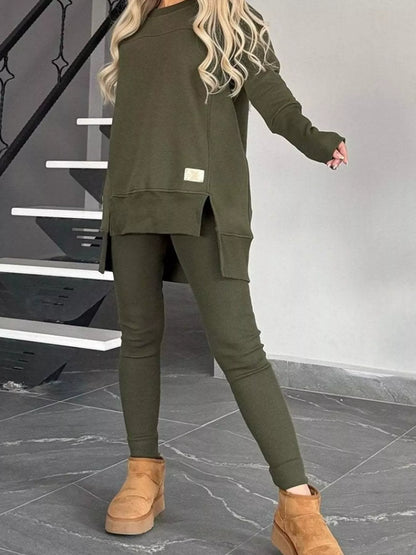 Full Size Slit Round Neck Top and Pants Set Plus Size - Tigbul's Variety Fashion Shop