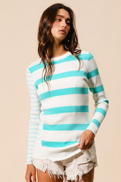 Contrast Striped Asymmetrical Hem Knit Top - Tigbul's Variety Fashion Shop