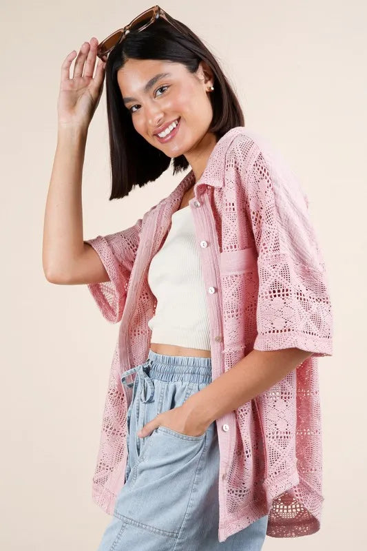 Pink Plus Size Oversized Crochet Button Down Shirt Top - Tigbul's Variety Fashion Shop