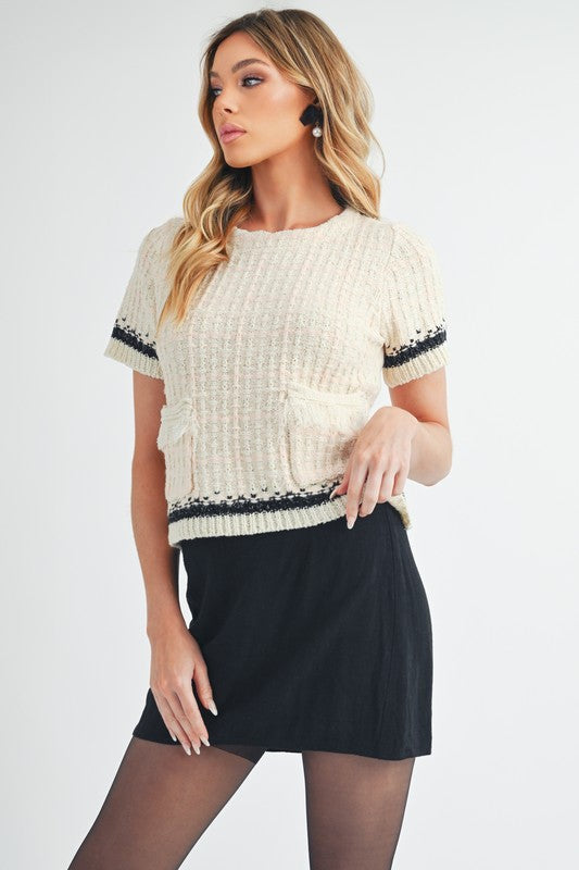 Cream Color Round Neck Short Sleeve Tweed Sweater | Tigbuls