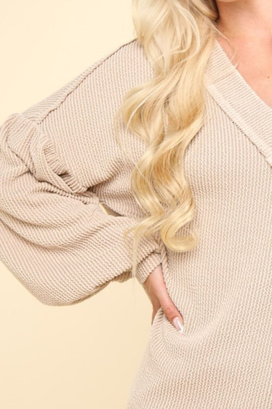 Two Tone Beige Ribbed V-Neck Exposed Seam Top - Tigbul's Variety Fashion Shop