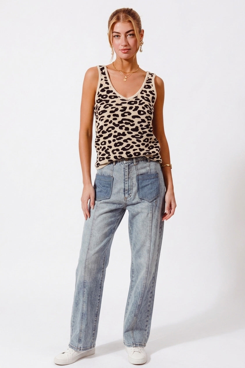 Leopard knit V-neck tank top, oatmeal base with black spot pattern