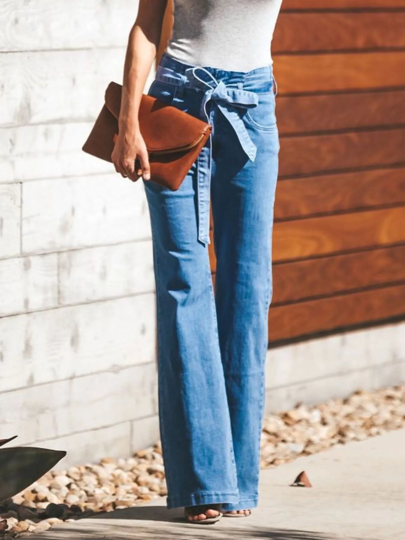 High-Waisted Tie-Front Flare Jeans - Tigbul's Variety Fashion Shop