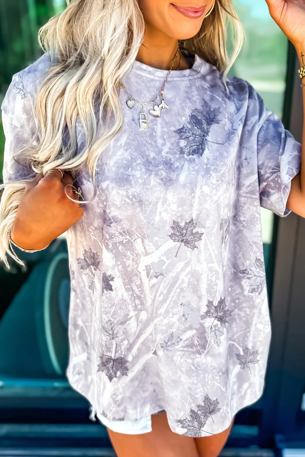 Light gray drop-shoulder tunic tee with woodland camo leaf print, short sleeves