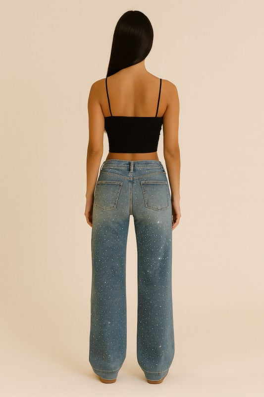 Back view light wash rhinestone jeans, low-rise straight-to-flare silhouette