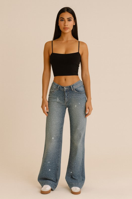 Light wash low-rise rhinestone flare jeans, wide legs with button-fly