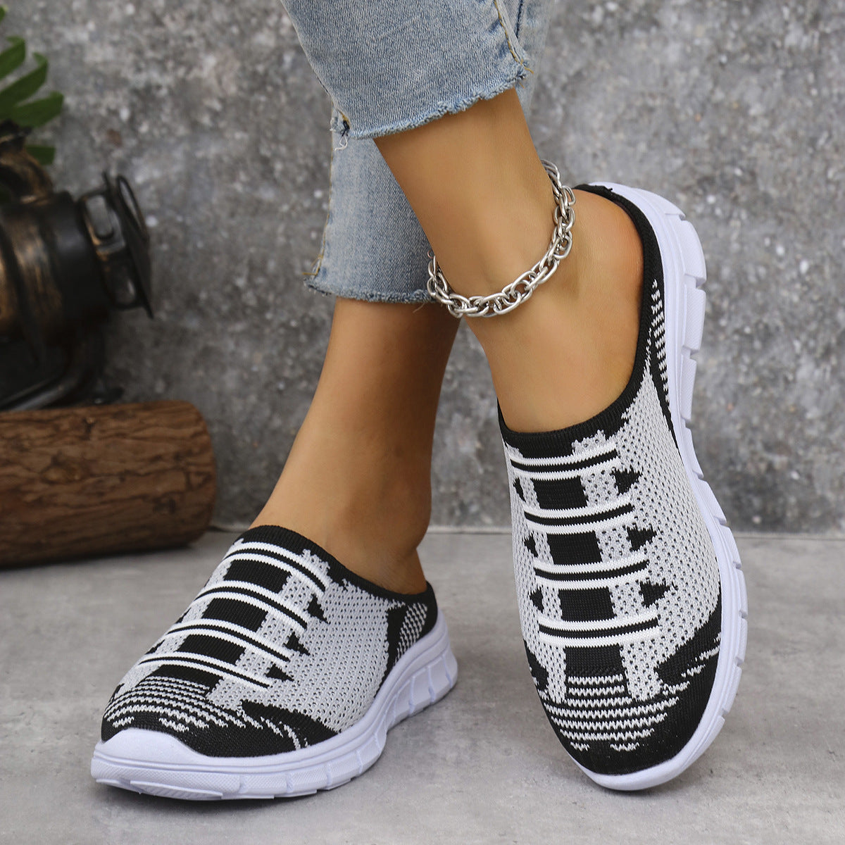 Trendsi breathable knit slip-on sneakers in black/white, chunky white sole