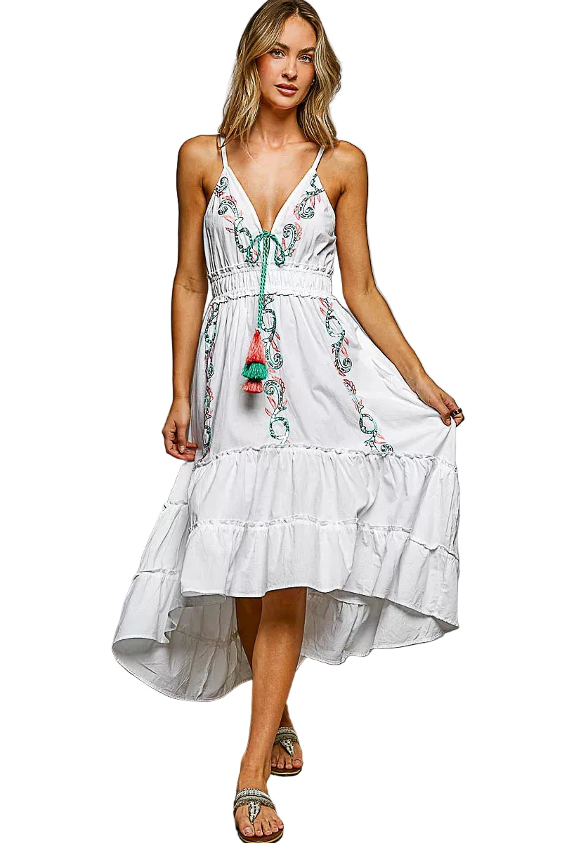 Embroidered Detail Tassel Tie Smocked Waist Midi Tiered Cami Dress | Tigbuls