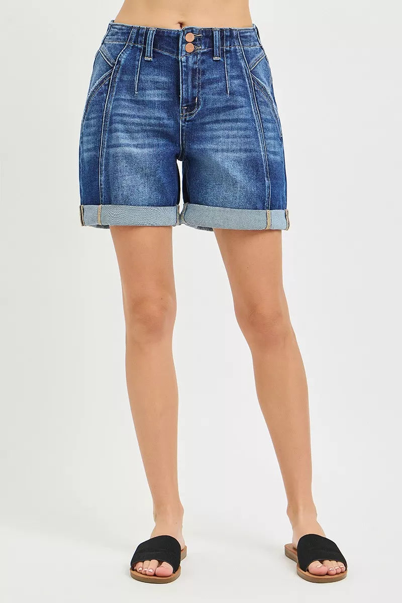High rise seam roll-up denim shorts, dark blue wash, front pockets and rolled cuffs