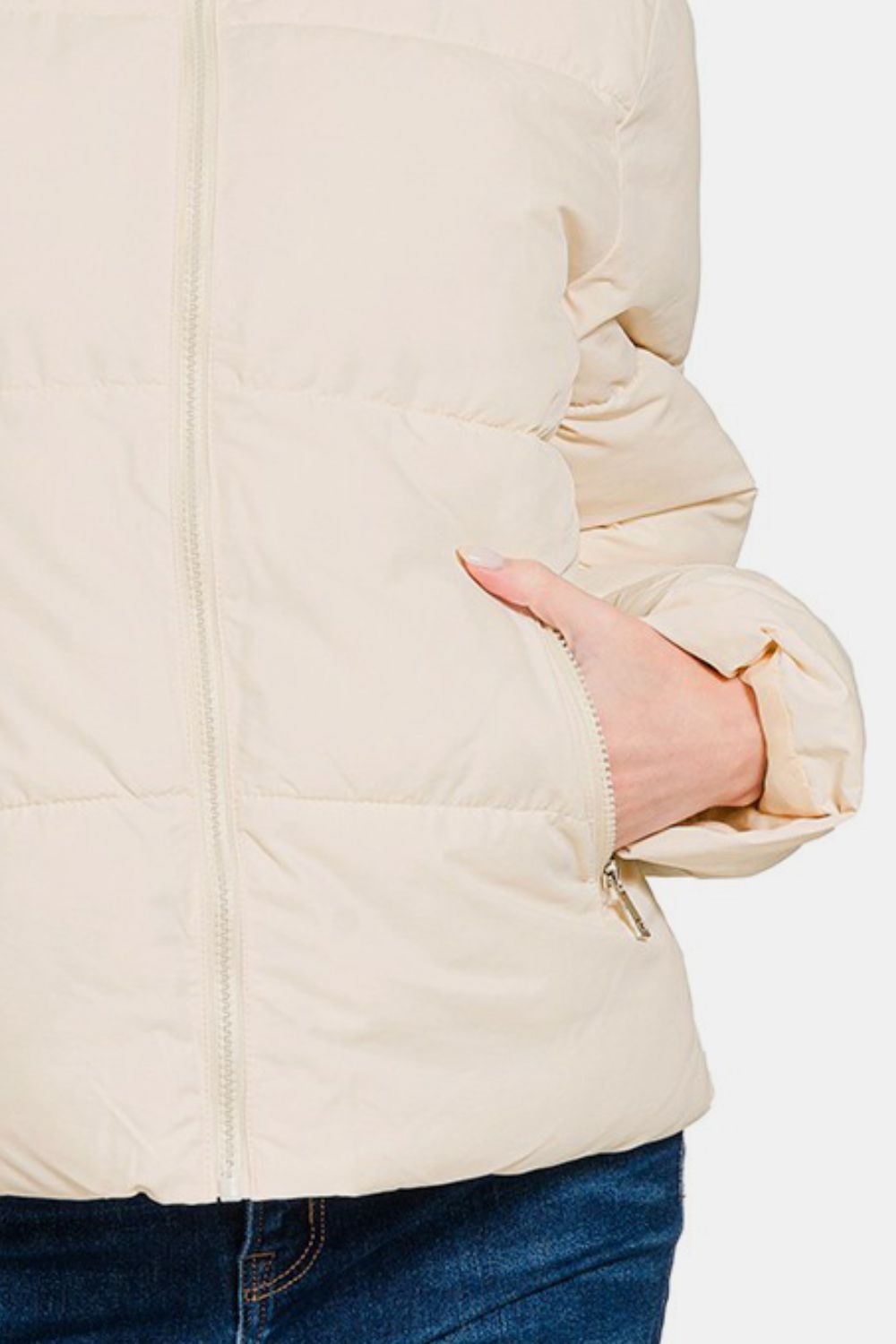 Cream Zip Up Turtleneck Puffer Jacket with Pockets - Tigbul's Variety Fashion Shop