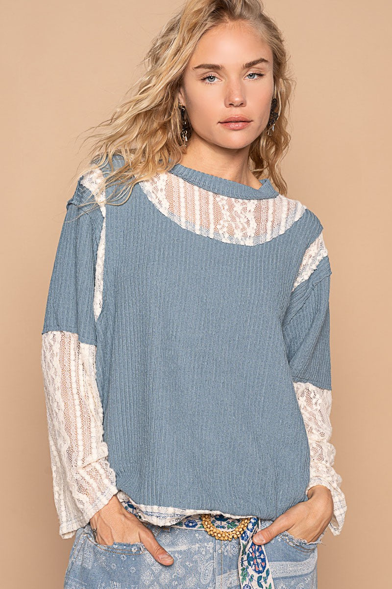 POL Lace Panel Round Neck Long Sleeve Top - Tigbul's Variety Fashion Shop