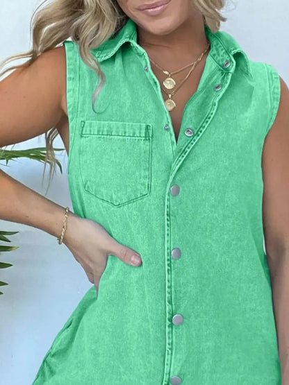 Button Front Sleeveless Denim Romper - Tigbul's Variety Fashion Shop