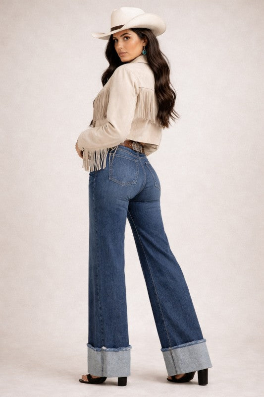 Dark wash low-rise wide-leg jeans, back pockets, cuffed hems