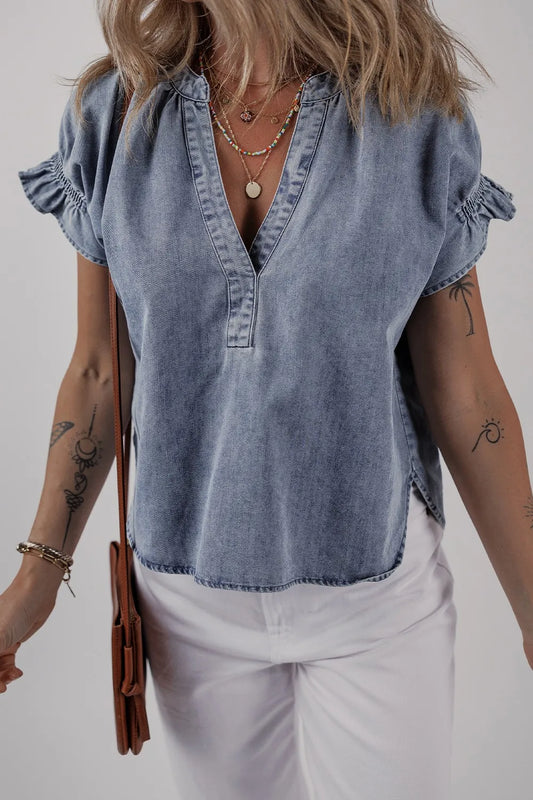 V Neck Ruffled Short Puff Sleeve Denim Top - Tigbul's Variety Fashion Shop