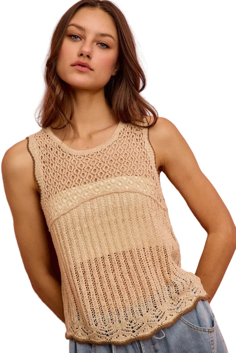 Oatmeal crochet lace light weight sweater vest with crew neckline and sleeveless design