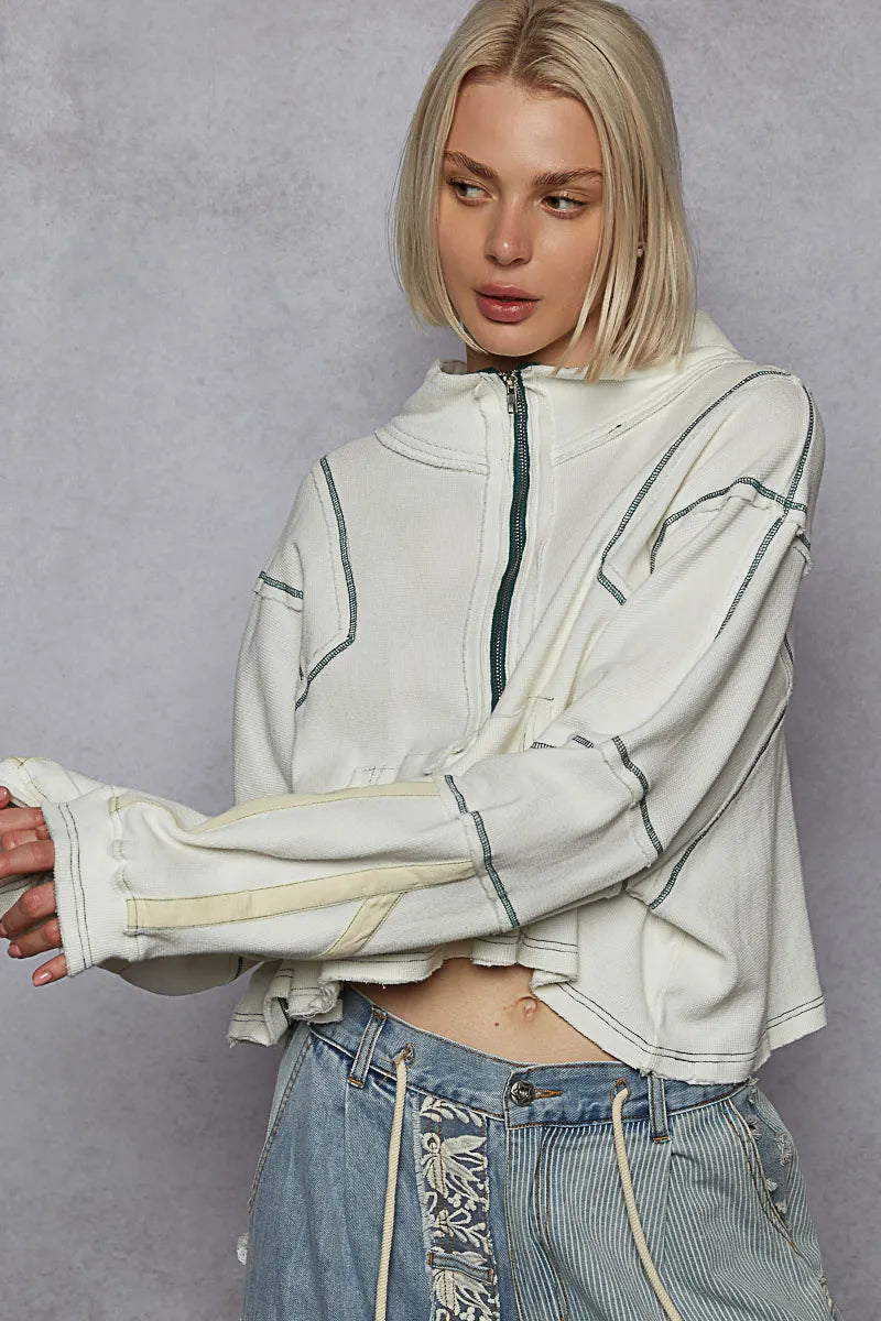 POL Contrast Stitching Zip Front Sweatshirt - Tigbul's Variety Fashion Shop