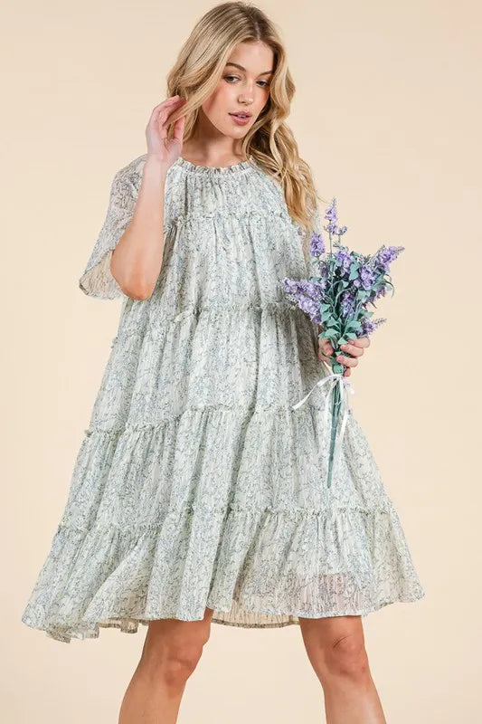 Lime 'N' Chili Ditsy Floral Print Sheer Ruffle Detail Mini Dress - Tigbul's Variety Fashion Shop