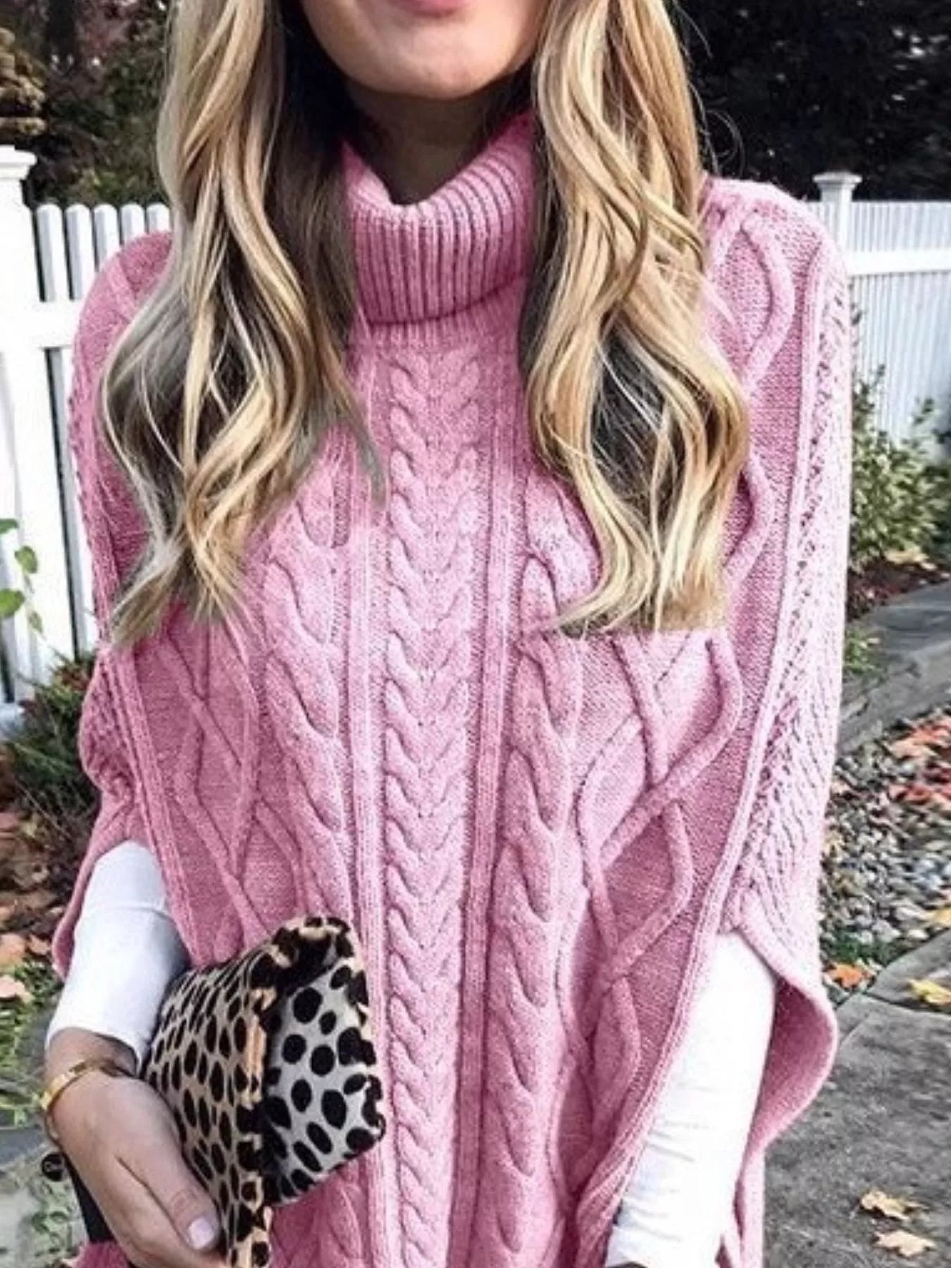 Chunky Cable Knit Turtleneck Poncho Cover Up - Tigbul's Variety Fashion Shop