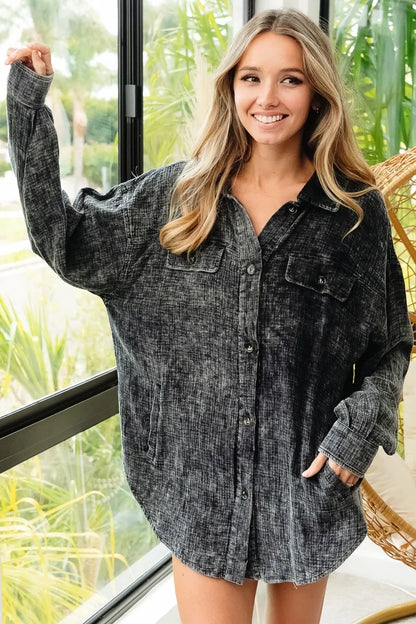 BiBi Vintage Washed Wrinkle Gauze Shacket - Tigbul's Variety Fashion Shop