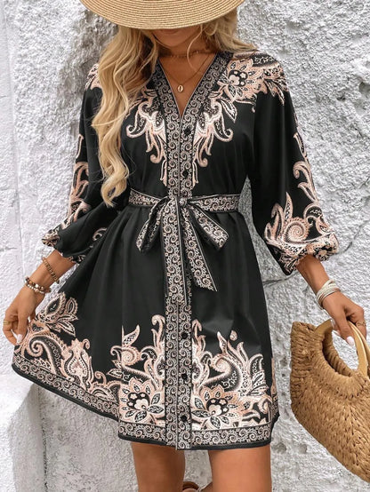 Paisley V-Neck 3/4 Sleeve Mini Dress - Tigbul's Variety Fashion Shop