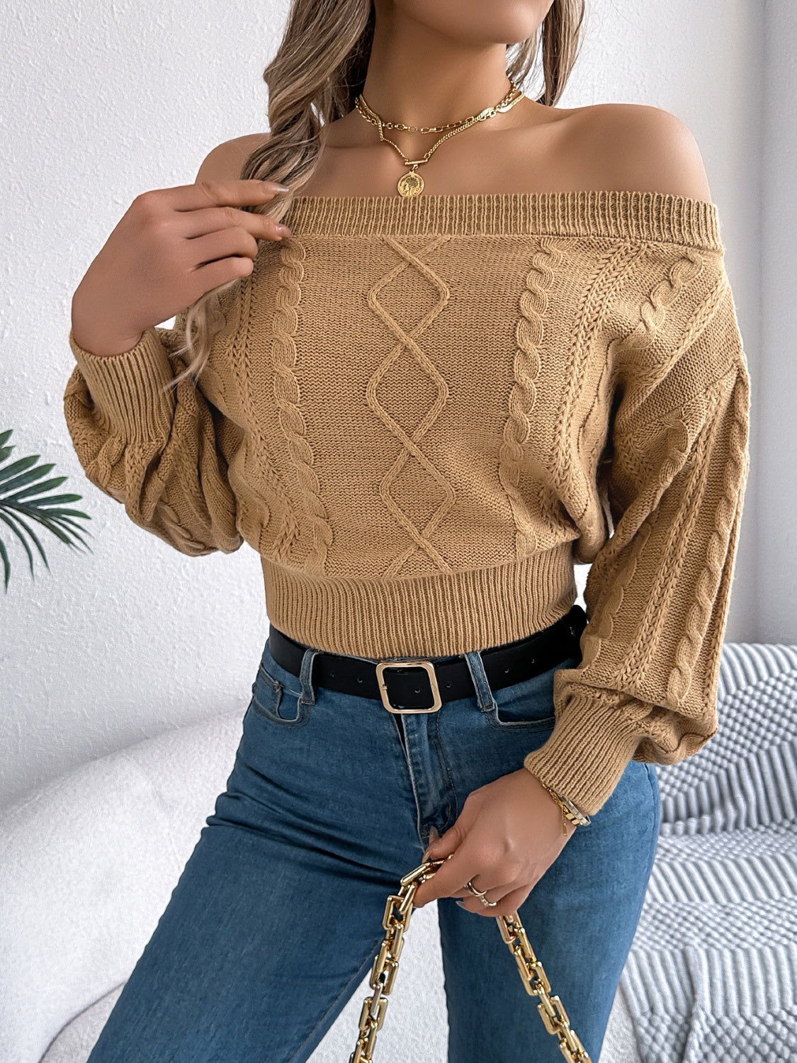 Cable Knit Off-Shoulder Long Sleeve Sweater - Tigbul's Variety Fashion Shop