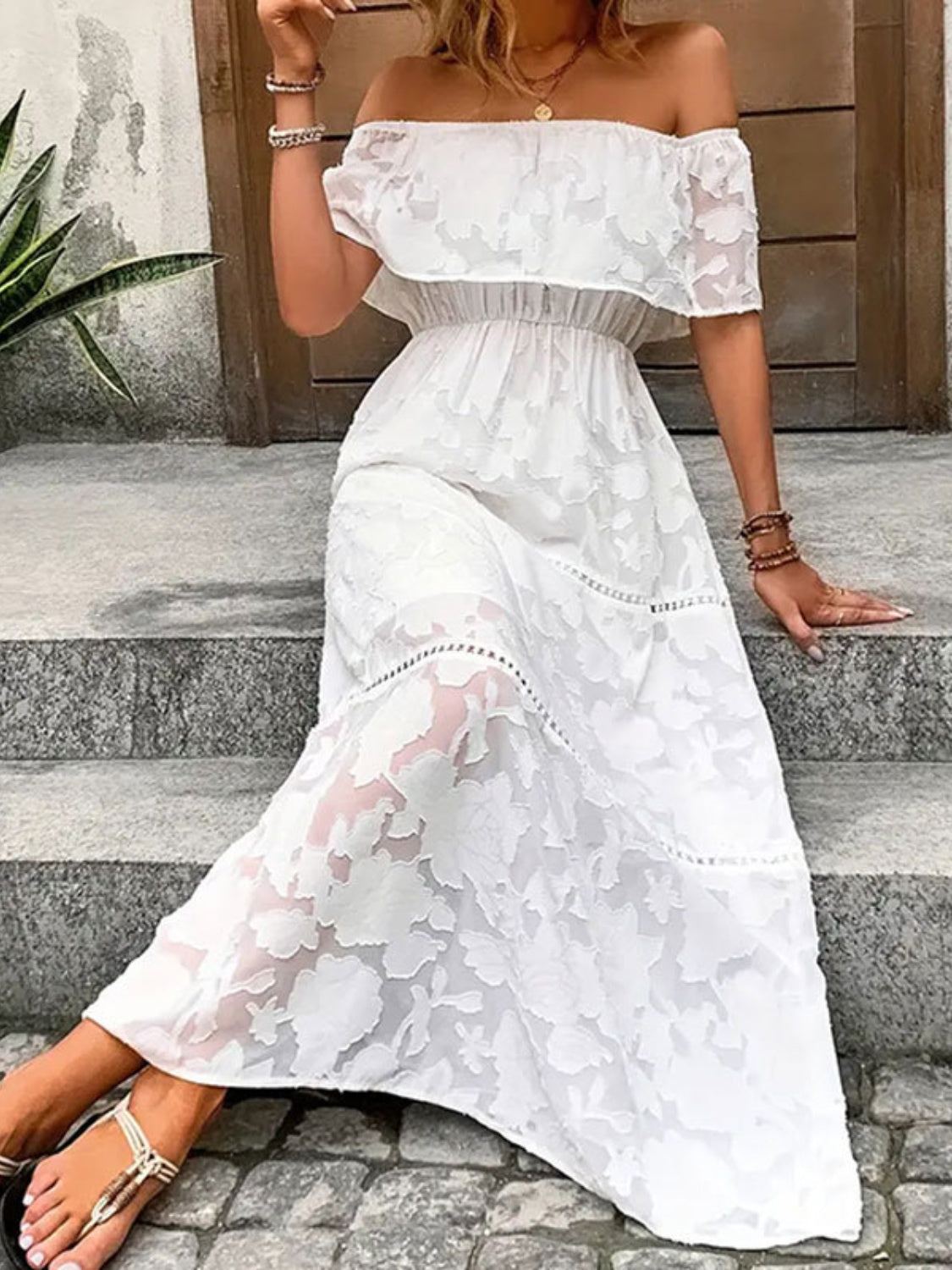 Off-Shoulder Short Sleeve Maxi Dress - Tigbul's Variety Fashion Shop