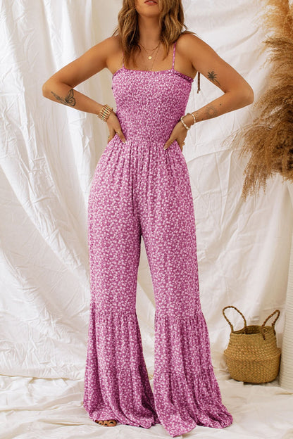 Smocked Printed Wide Strap Jumpsuit - Tigbuls Variety Fashion