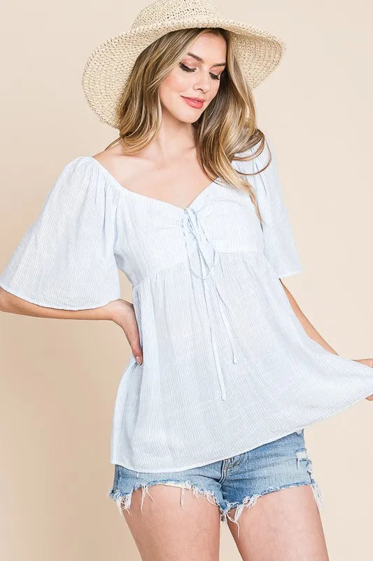 Thin Striped with Tie Front Babydoll Top - Tigbul's Variety Fashion Shop
