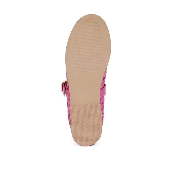 Fuchsia leather ballerina outsole view with back strap detail