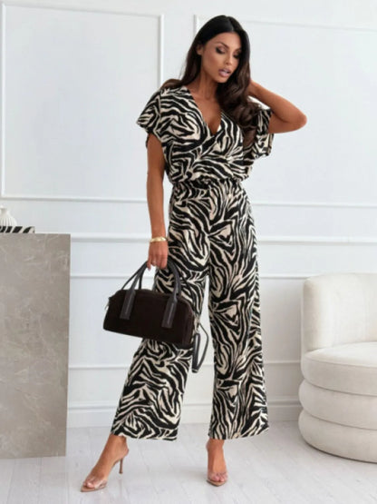 Leopard Print Short Sleeve Wide Leg Jumpsuit - Tigbul's Variety Fashion Shop