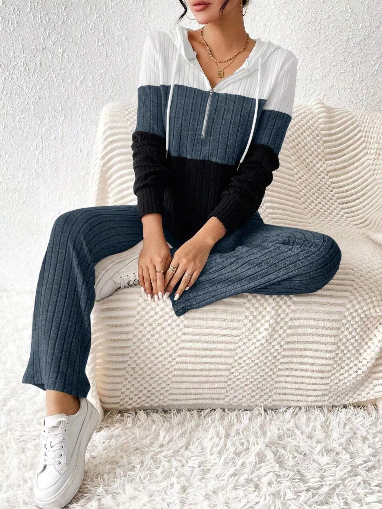 Color Block Half Zip Hooded Top and Pants Set - Tigbul's Variety Fashion Shop