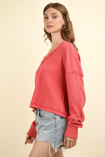 VERY J Exposed Seam V-Neck Ribbed Knit Top - Tigbul's Variety Fashion Shop