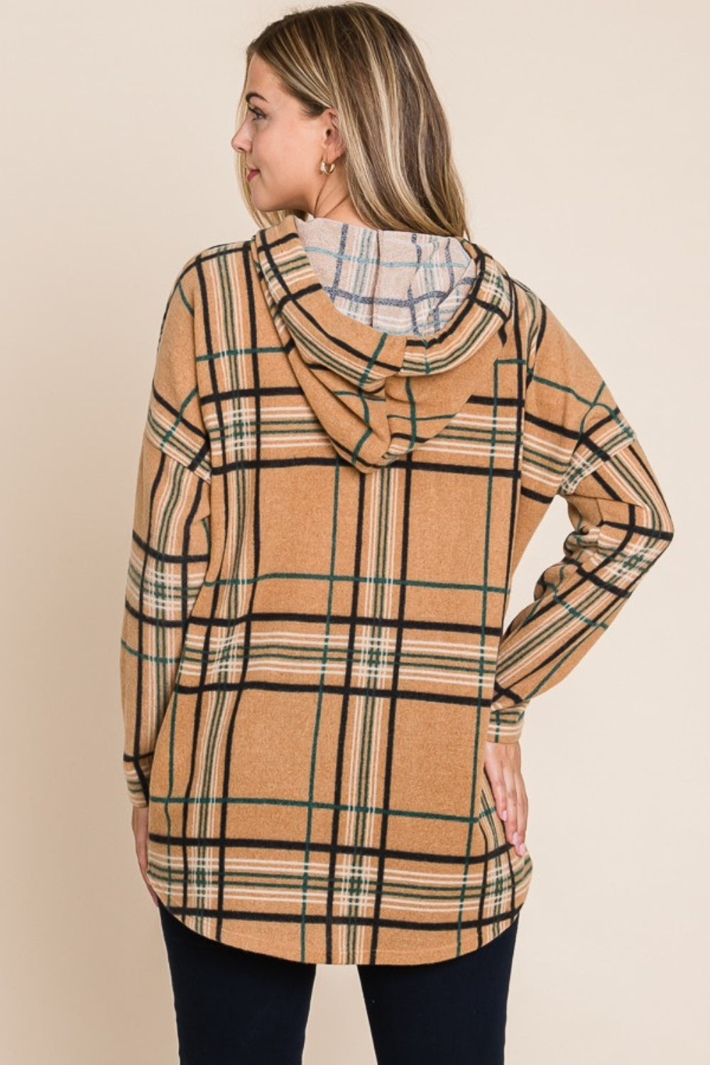 Plaid Long Sleeve Hoodie in Taupe - Tigbul's Variety Fashion Shop