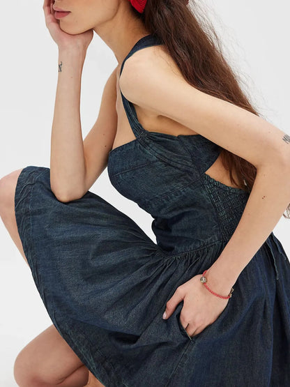 Smocked Crisscross Back Denim Mini Dress - Tigbul's Variety Fashion Shop