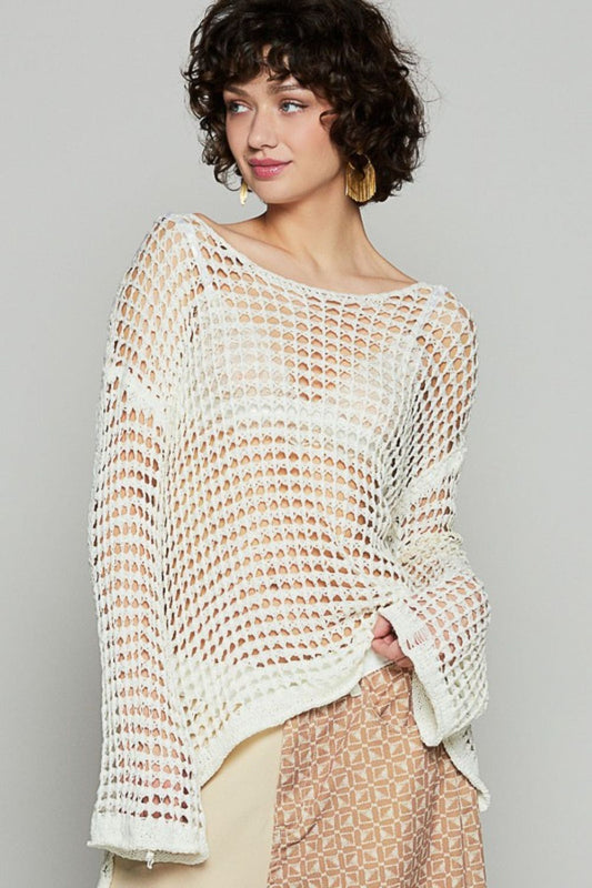 POL Side Slit Openwork Long Sleeve Knit Cover Up